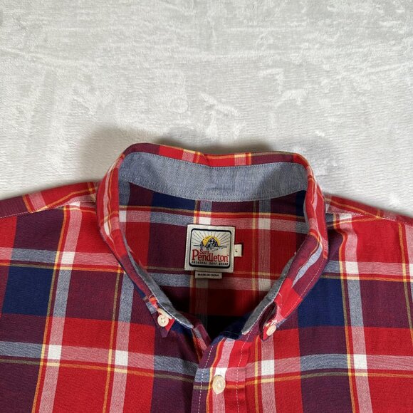 Pendleton Shirt Men Size L Red Plaid Short Sleeve 100% Cotton Single Pocket Surf - Picture 3 of 12